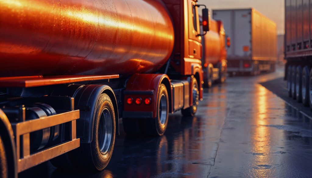 camion-cisterna-che-guidano-su-una-strada-bagnata-al-tramonto